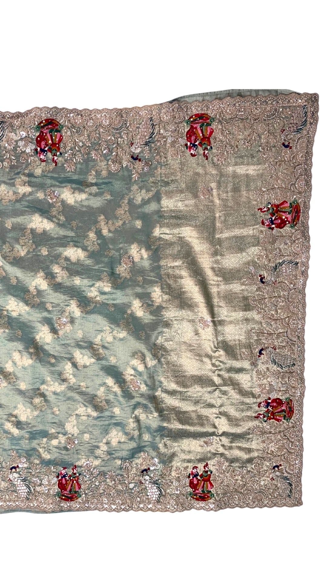 Sage Green Pure Tissue Banarasi Unstitched Saree with Sequins, Zari, Moti & Dori Work